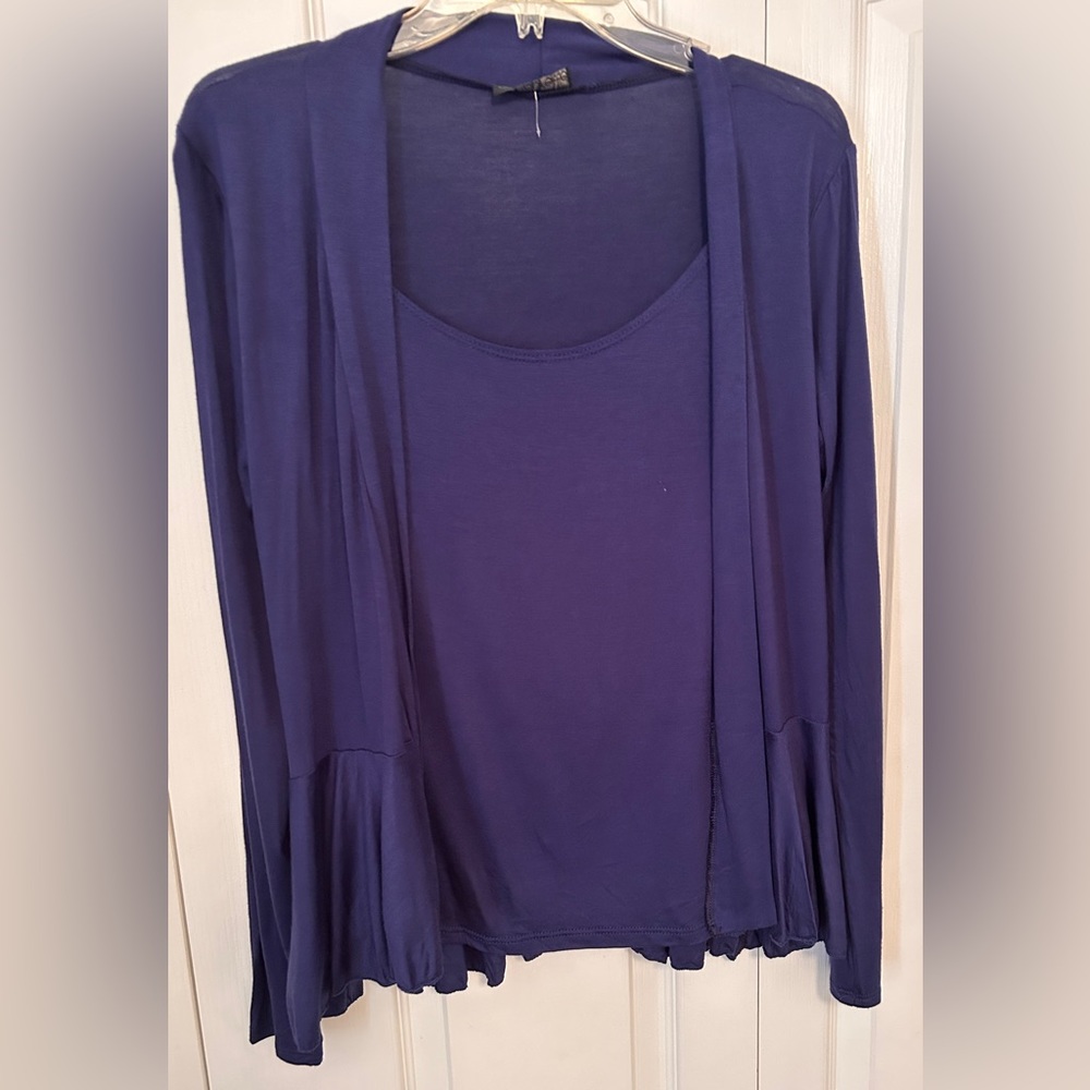 JM Fleurette: women’s long sleeve blue blouse with attached front cover; size M